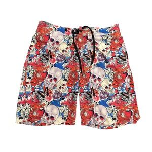 HRESKI Swim Trunks Mens XS Multicolor Skull Tattoo Floral Lined‎ Elastic Waist